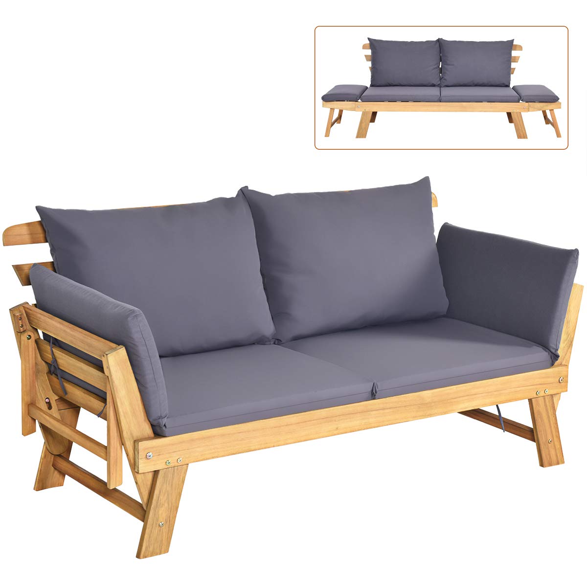Canapé-lit convertible Tangkula en bois d'acacia avec accoudoir réglable pour terrasse